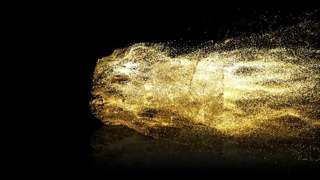 5M realistic 3d gold text with particle dust effect on black background. fill letters with golden particles. 4k abstract Footage