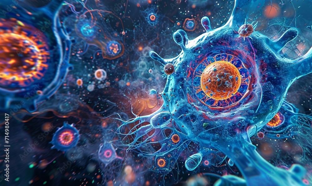 Poster a vibrant blue and red cellular structure with a clock face in the center generative ai