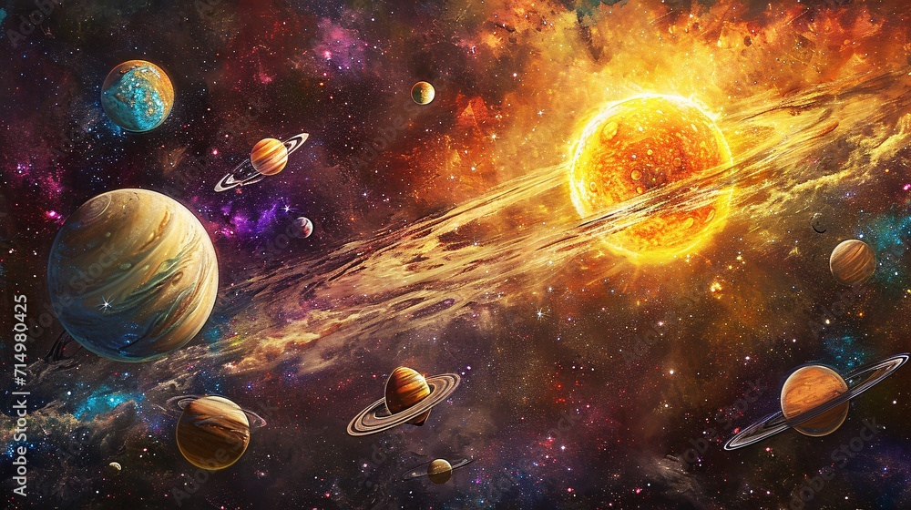 Poster a vibrant and colorful space scene with various planets and celestial bodies generative ai