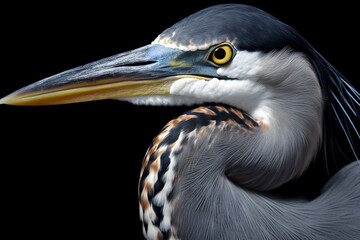 A heron s close-up reveals detailed feathers, sharp beak, and intense yellow eye against a stark black background, ai generative - Powered by Adobe