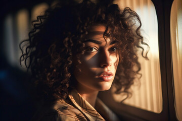 pretty brunette woman with curly hair traveling in a three, ai generative