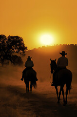 Two silhouetted figures on horseback approach a golden sunset, creating a tranquil scene with trees and a trailing dust cloud, ai generative