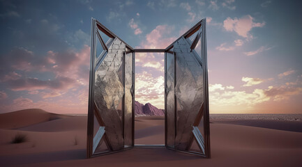Shattered mirror doors open to a surreal desert, blending reflections with reality under a pastel...
