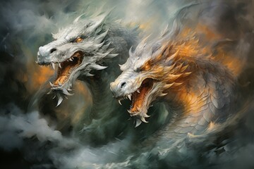Obraz na płótnie Canvas Ferocious storm dragons in Fantasy - Generative AI