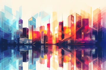 Abstract geometric pattern in a city setting, featuring buildings with vibrant gradient colors reflecting modern architecture.