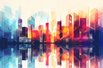 Door stickers Watercolor painting skyscraper Abstract geometric pattern in a city setting, featuring buildings with vibrant gradient colors reflecting modern architecture.