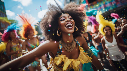 Empowered Elegance: Celebrating Carnival with a Joyful Black Woman in Vibrant Costume