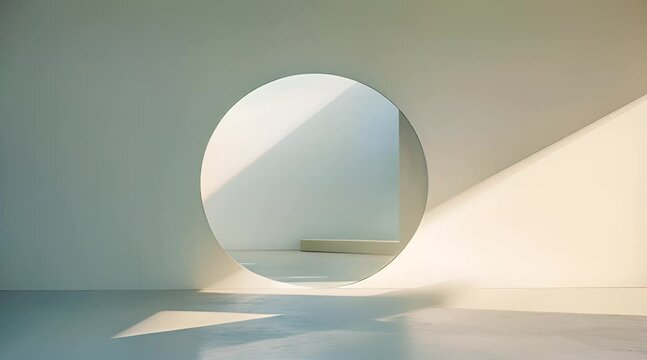 a white room with a round window and a bench