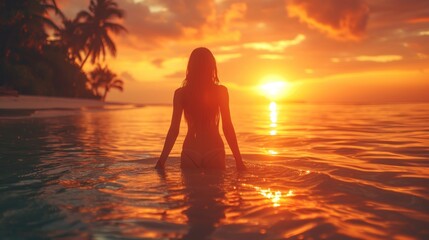 Fototapeta na wymiar Silhouette of girl at beach dancing in water against sunrise background, beautiful sunrise color pallete, bokeh, palm trees