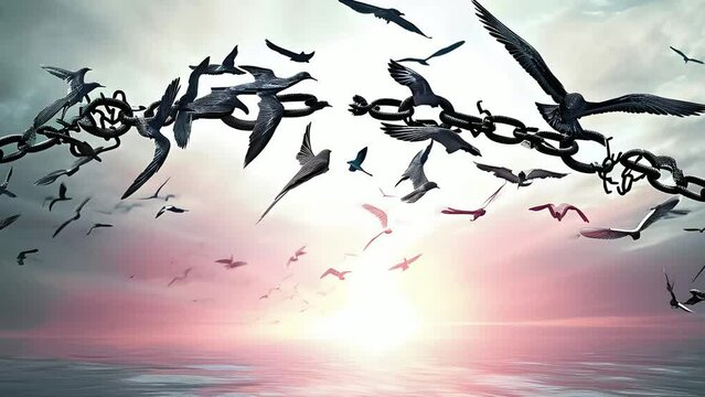 World freedom day concept: Silhouette of bird flying and broken chains at autumn mountain sunset background	