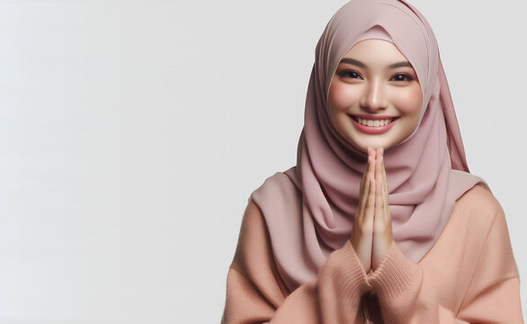 a Muslim woman with an apologetic hand pose