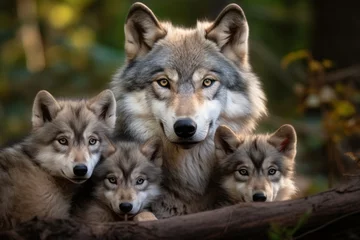 Selbstklebende Fototapeten gray mother wolf with her cubs, litter cozy cuddles together in her burrow. wildlife, motherhood in animals. brood. © MaskaRad
