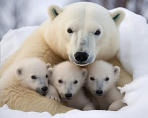 mother polar bear with her young ones , cuddled together, against the background of a snow. wildlife, motherhood in animals.