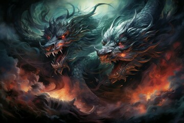 Ferocious storm dragons in Fantasy - Generative AI - obrazy, fototapety, plakaty