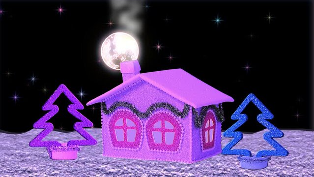 Unreal picture.  House on a vacant lot between fir trees.  The lights flicker in the windows.  The stars are twinkling.  Full moon