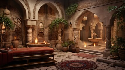 Highly detailed and photorealistic image of a traditional Turkish hammam