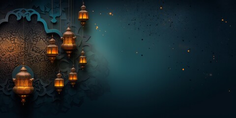 Vibrant Ramadan Kareem background template with a seamless blend of traditional lanterns, crescent moons, and intricate Arabic calligraphy
