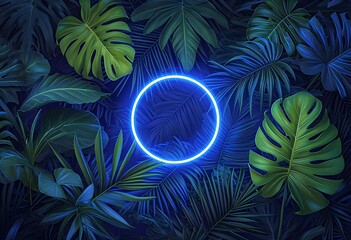 A blue circle with a glowing outline in a jungle setting Generative AI