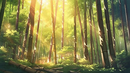 An ultra-realistic depiction of a serene bamboo forest with sunlight filtering through the canopy, casting intricate patterns on the ground, Niji art style - Generative AI - obrazy, fototapety, plakaty