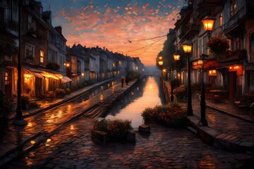view of the city with romantic evening - obrazy, fototapety, plakaty