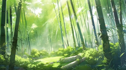 An ultra-realistic depiction of a serene bamboo forest with sunlight filtering through the canopy, casting intricate patterns on the ground, Niji art style - Generative AI