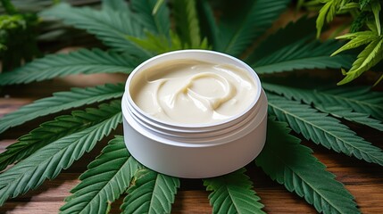 White jar of face cream stands on marijuana leaves