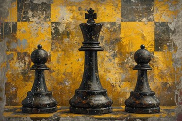 stylish black chess stands on a chessboard. Design work