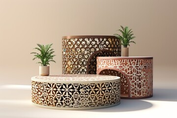 Podium with Islamic arches and patterns, providing a sophisticated display for traditional and cultural products.