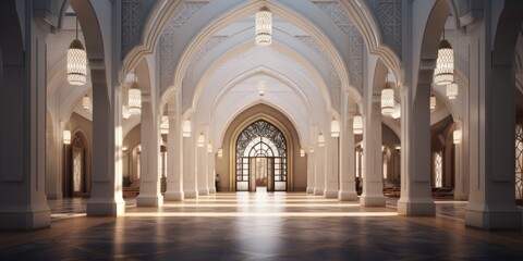 3D design concept for the main entrance of an Islamic boarding school, incorporating ornate arches and Islamic geometric patterns