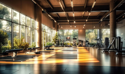Modern, spacious gym interior with a variety of fitness equipment, reflective floors, and large windows for natural lighting - obrazy, fototapety, plakaty