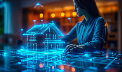 Futuristic real estate concept with a holographic projection of a house and a businesswoman, symbolizing advanced property technology and innovation in the housing market - obrazy, fototapety, plakaty