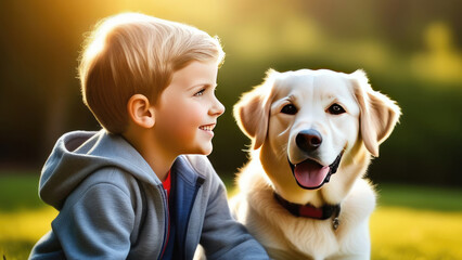 golden retriever dog. Portrait of a boy with his favorite pet, a dog.
National Pet Day. 11 April