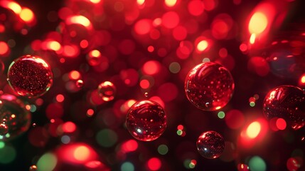 Abstract red particles of liquid Glowing orbs background. Shiny transparent gradient backdrop. Strong depth of field.