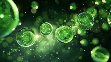 Abstract green particles of liquid Glowing orbs background. Shiny transparent gradient backdrop....