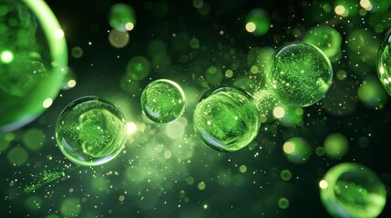Abstract green particles of liquid Glowing orbs background. Shiny transparent gradient backdrop. Strong depth of field.