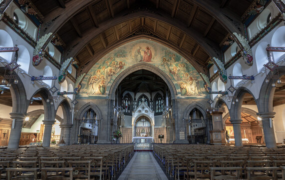 Interior view of St Mary's Catholic Cathedral. The Metropolitan Cathedral of Our Lady of the Assumption, is a Roman Catholic church of the Edinburgh city, Space for text, Selective focus.