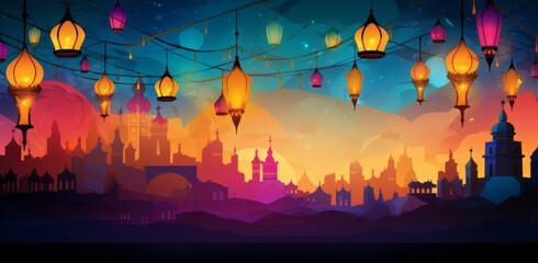Festive and colorful banner for Ramadan Kareem, incorporating lanterns, geometric shapes, and vibrant hues, creating a lively and celebratory atmosphere