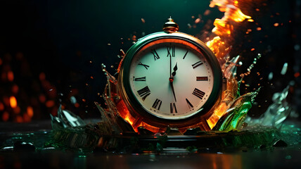 Elemental Time Explosion: Dynamic 3D Clock Amid Fire and Ice. Vibrant Lights on Black Backdrop.
