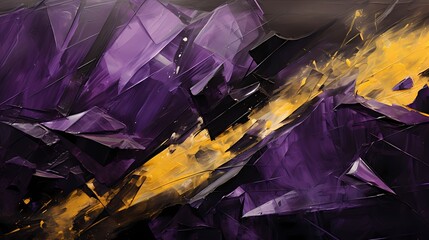 Abstract shards of amethyst and citrine intersecting on a canvas of deep, velvety black.