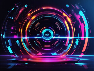 Abstract technology hud interface hologram elements neon lights, circle per cent vitality innovation on hi tech future 3D rendering design. - obrazy, fototapety, plakaty