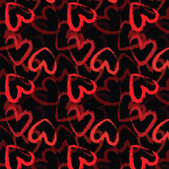 Seamless romantic pattern with hand drawn red hearts. Colorful doodle hearts on dark background. Ready template for design, postcards, print, poster, party, Valentine's day, vintage textile. Vector.
