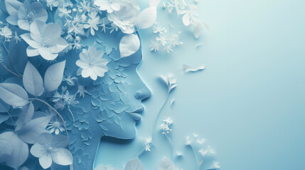 World mental health day concept. Paper human head symbol and flowers on blue background, Generative Ai