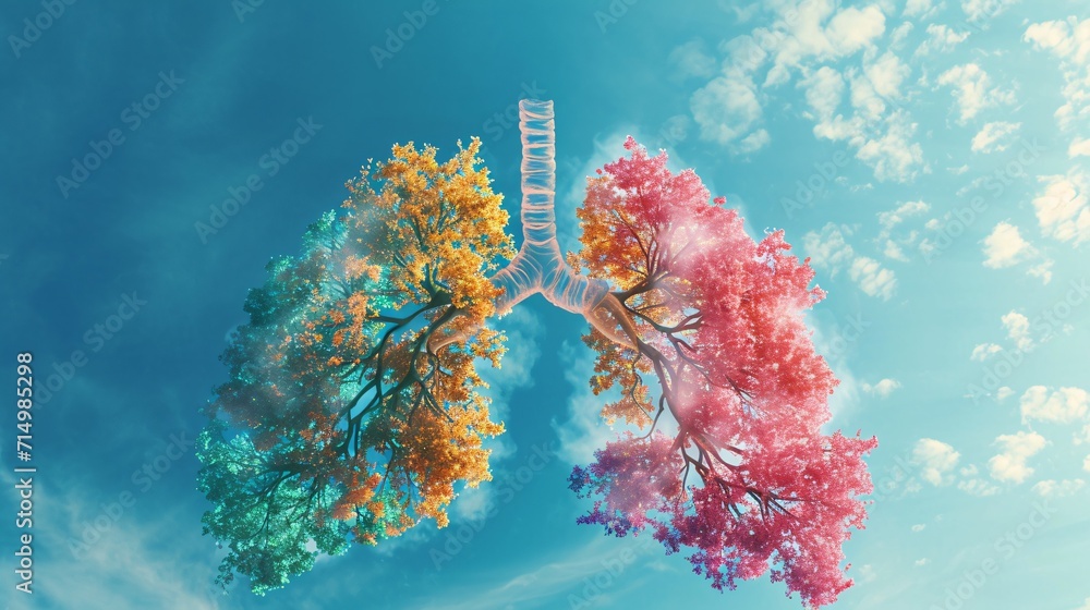 Poster a colorful illustration of a lung with a tree branch generative ai