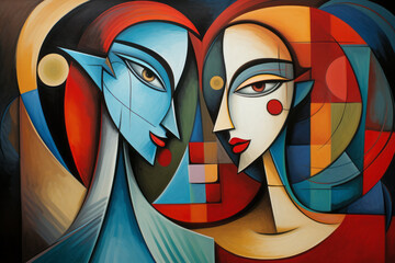 Woman and man couple in an abstract cubist or cubism style painting - obrazy, fototapety, plakaty