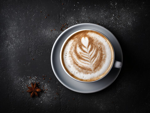 cup of cappuccino with delicate foam, top view 