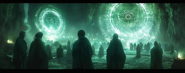 A group of people wearing cloaks and standing in front of a green, glowing wall with a spiral pattern. Generative AI