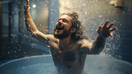 Fototapeta premium Caucasian man having fun playing in the water.