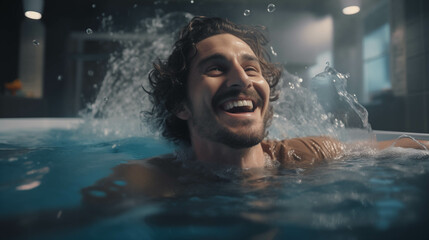 Caucasian man having fun playing in the water.