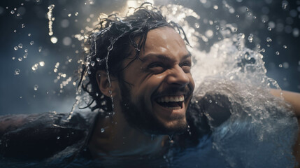 Caucasian man having fun playing in the water.