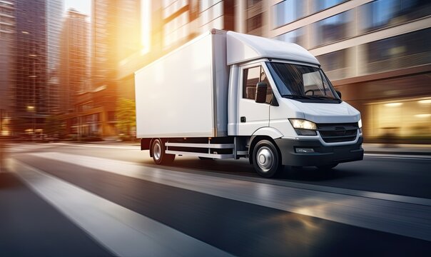 delivery truck driving in urban city. shipping, express shipment business background banner
